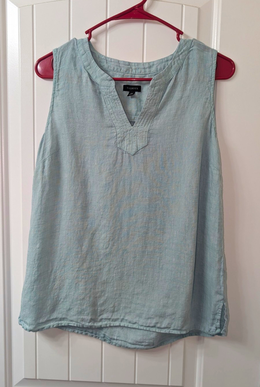 Talbots 100% Linen Sleeveless Blouse Women XS Light Aqua Split Neck Coastal Top